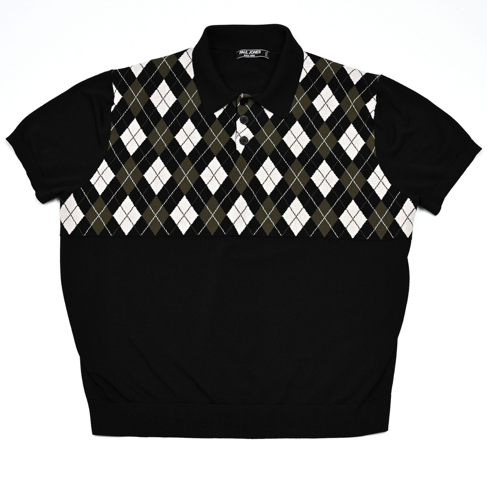 PJ Paul Jones Shirt Mens 2XL Black Argyle Collar Polo Short Sleeve‎ Button Up